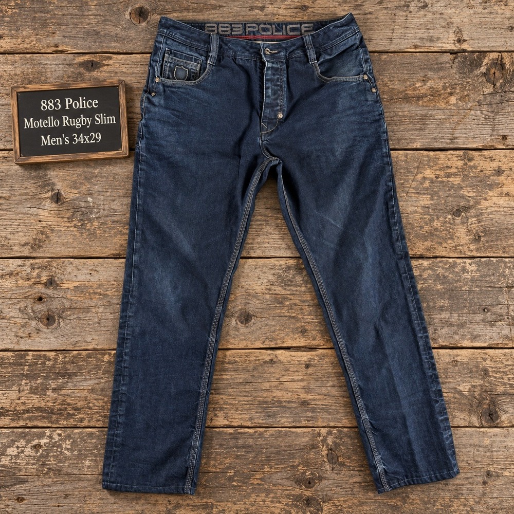 883 Police Motello Rugby Slim Jeans Mens 34x29 Dark Wash Blue Hemmed Slim Fit